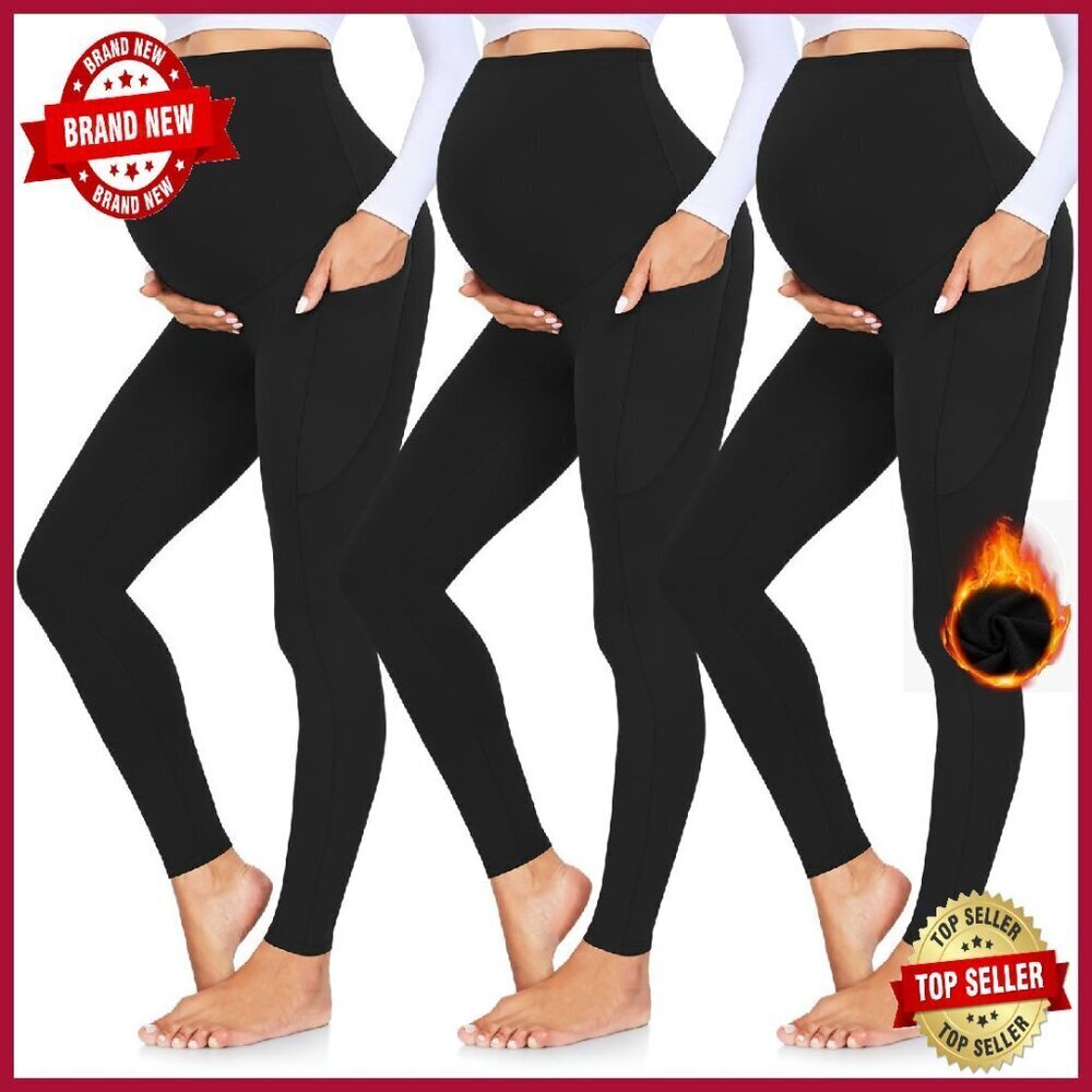 3 Pack Maternity Leggings with Pockets Over Belly Workout Yoga Pregnancy Pants